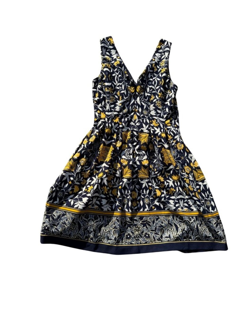 Floral Sleeveless A-Line Dress Navy/Yellow Medium Cotton V-Neck Back Fit & Flare - Picture 2 of 7